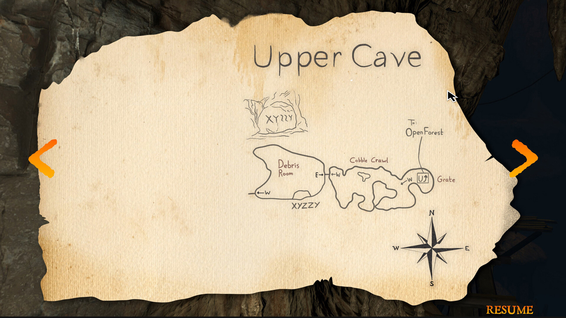 Colossal Cave interview: An in-game, hand-drawn map on a scrap of paper shows connected areas of a cave system, with labels that read Upper Cave, Cobble Crawl, and Debris Room.
