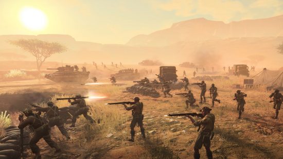 Company of Heroes 3 free multiplayer test: Soldiers with bazookas and rifles advance across a desert battlefield alongside tanks