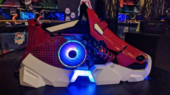 Cooler Master Sneaker X gaming PC launch kicks off later this year: a gaming PC built inside of a big red shoes, with a blue light fan spinning in the middle of its side