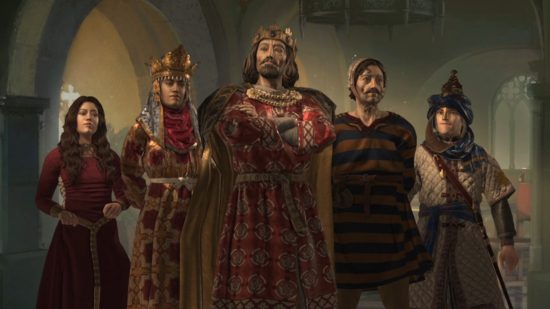 Crusader Kings 3 event pack vote: A royal family stands decked out in various Iberian styles, with the king in the centre and the queen and their three children arranged around him