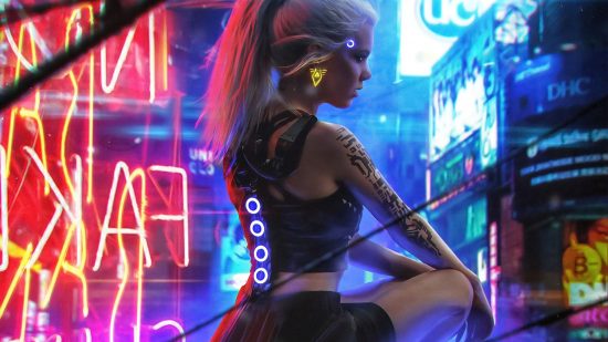Cyberpunk 2077 mod cyberware: A blonde young woman sits amid a forest of neon lights in the city, her eyes lit with cybernetic enhancements