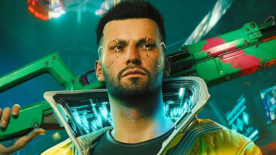 Cyberpunk 2077 Phantom Liberty will be CDPR’s biggest budget DLC, ever. A man with a rifle over his shoulder, V from Cyberpunk 2077