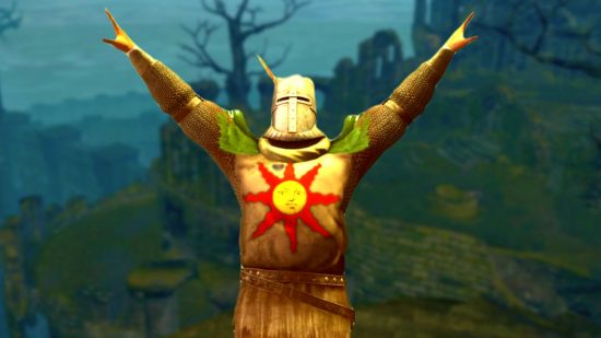 Dark Souls event makes FromSoftware fans put down Elden Ring: an orange glowing solaire with his hands i the air, in front of a blurry background of firelink shrine