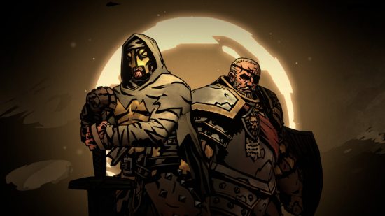 Darkest Dungeon patch relationship system: A leper in shawl and iron mask, and an armour-clad man-at-arms stand back to back in front of a golden arc of light