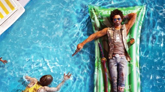 dead Island 2 release date characters: Jacob floating in a pool on a lilo, surrounded by zombies