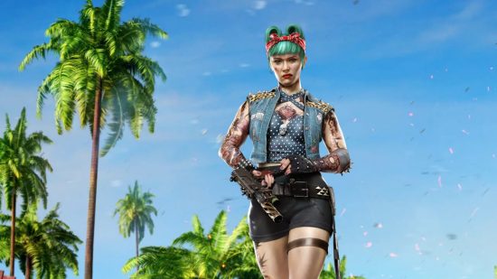 Dead Island 2 characters: Dani, a green haired punk, stands in front of a sunny, palm-tree filled backdrop