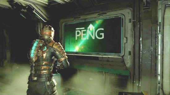 Dead Space Marker Fragment Locations: A man in armor stands in front of the sign that says PENG