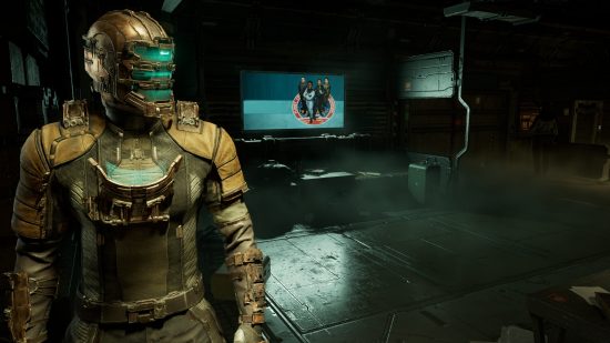 Dead Space remake new game plus: a futuristic man in worn armoud stands in a room on a spaceship