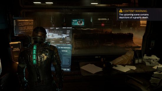 A man in a futuristic space suit looks at a screen in an abandoned spceship