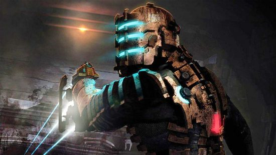 Dead Space Remake lets you completely remove gore, for better or worse: A man wearing a futuristic helmet that covers his head and has three glowing lines on the visor looks over his iron clad shoulder