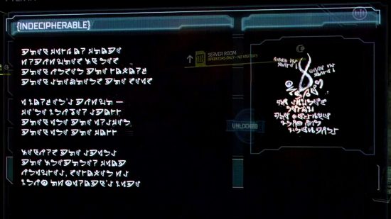 Dead Space Remake - a text log written in symbols, titled 'Indecipherable'