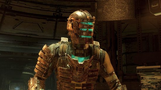 This Dead Space Remake money glitch will help you survive the Ishimura: an engineer dressed in a bronze suit of space armour, with blue light coming from his chest and visor slots