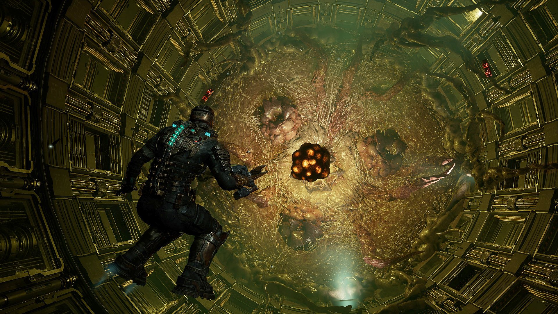 Dead Space Remake review: Isaac Clark floating in zero gravity withj Leviathan boss fight ahead