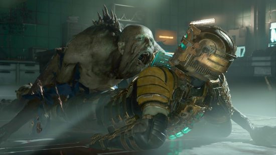 Dead Space Remake Review: Necromorph lying on top of protagonist Isaac Clarke