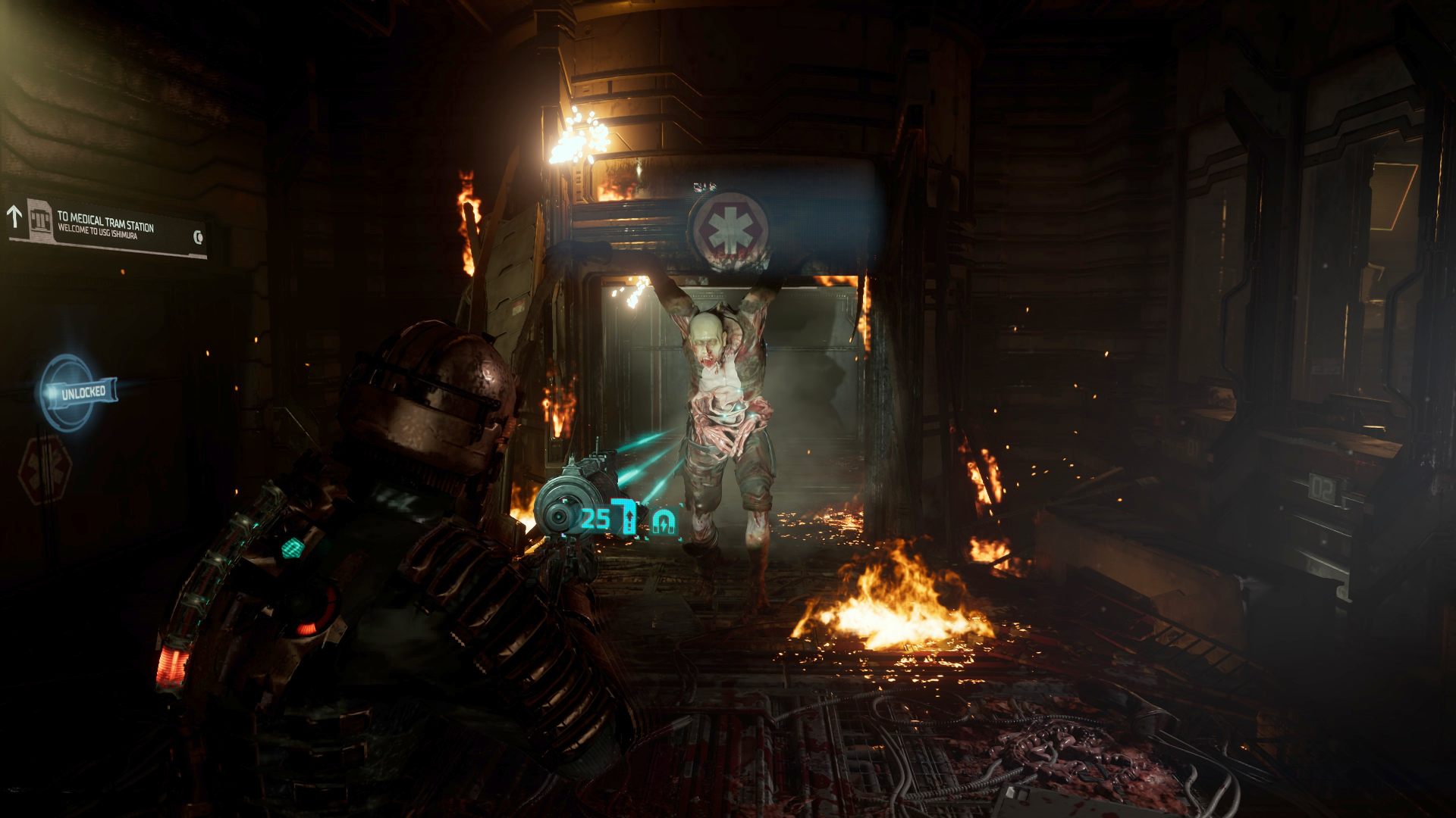 Dead Space Remake Review: Isaac Clark targeting approaching Necromorph with rifle