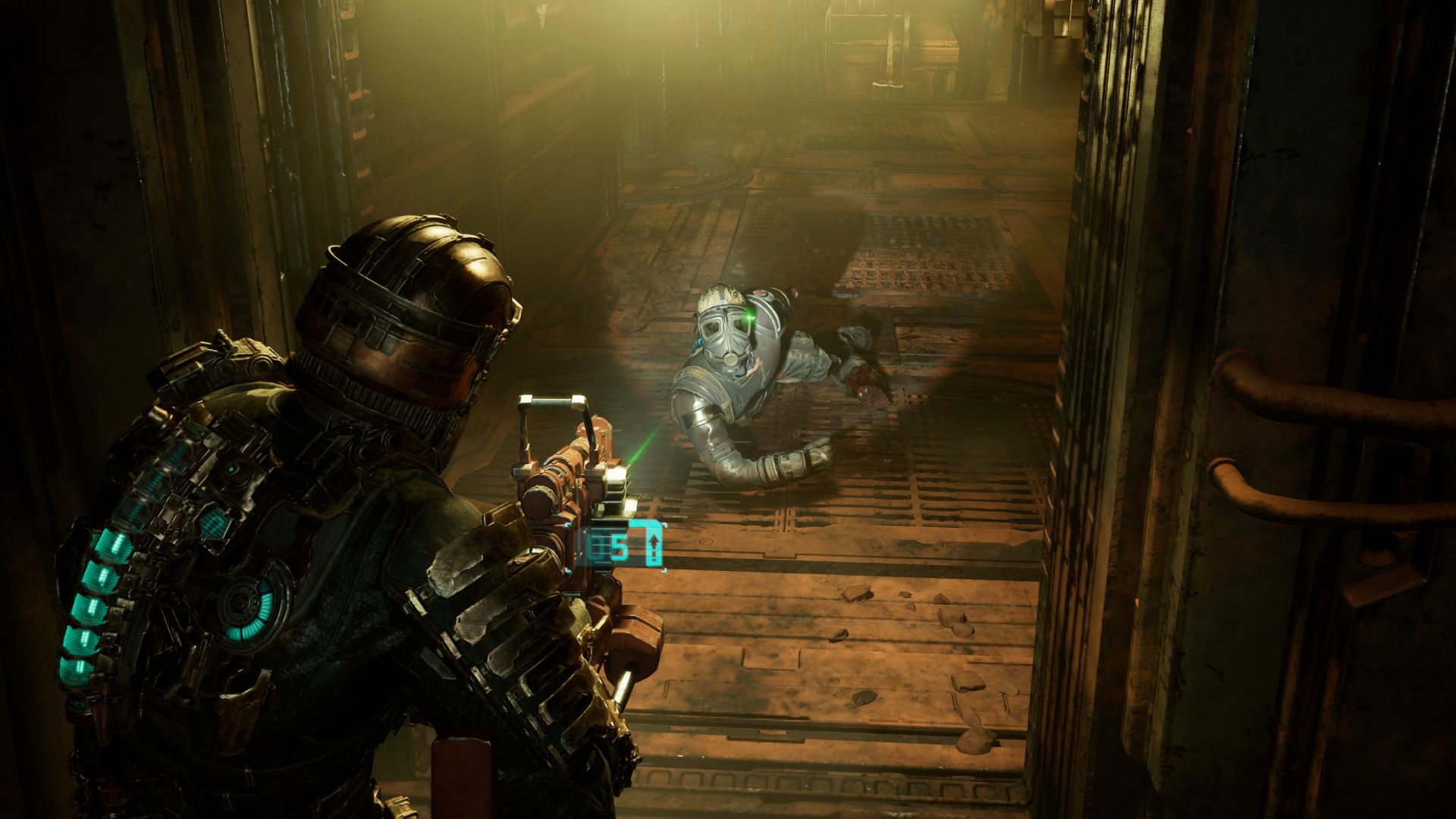 Dead Space Remake review: Isaac Clark targeting crawling body with rifle