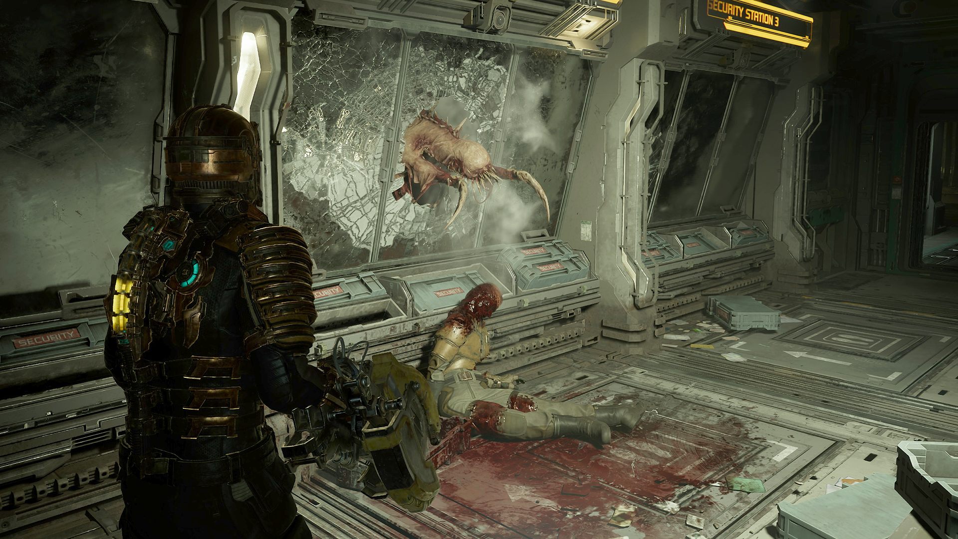 Dead Space Remake review: Isaac Clarke stands in front of a body as a necromorph breaks a window