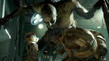 Dead Space Remake sequel in the hands of EA as devs have "ideas": a necromorph towers over a man ina bronze suit of space armour, with its long spiked arms and pale complexion