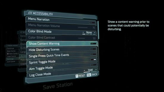 The Dead Space Remake settings menu with the 'Accessibility' tab open showing different settings