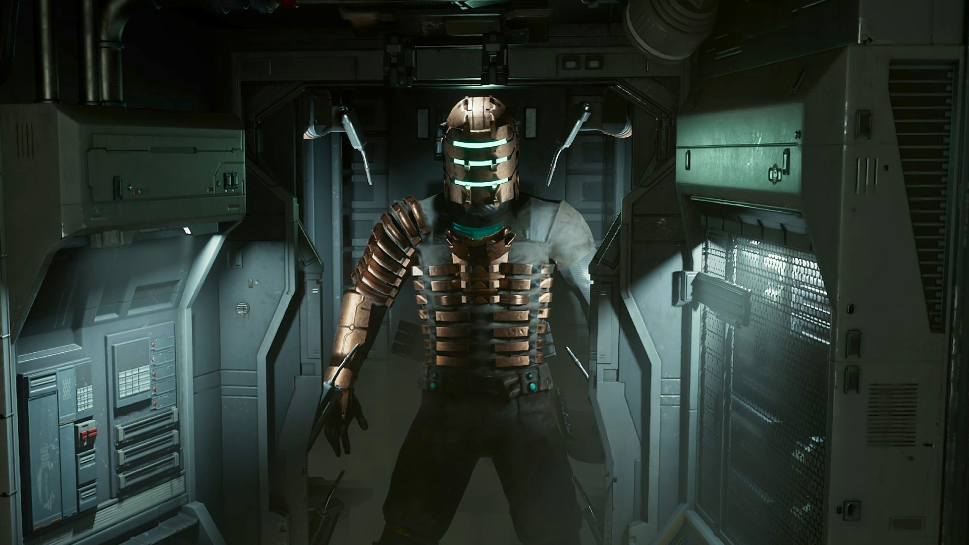 Dead Space Remake Review: Isaac Clark standing in mechanical changing room
