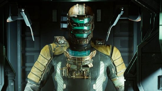 Dead Space security clearance levels: Isaac Clarke, the protagonist of Motive's sci-fi survival horror, in the process of upgrading his suit.