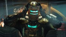 Dead Space suit upgrades: Isaac dressed in an upgraded RIG, clutching his helmet as the horrors of the USG Ishimura close in around him.