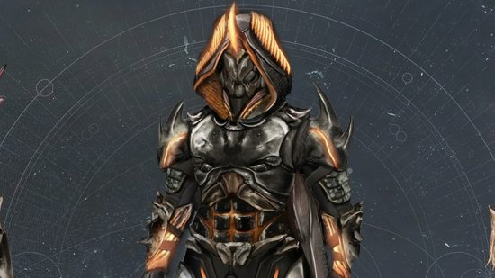 Destiny 2 Festival of the Lost armour voting begins, with a twist: A Guardian in futuristic armour with a black and orange hood, black breastplate and orange inlays stands on a celestial background
