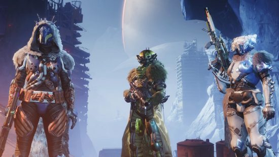 Destiny 2 Lightfall buildcrafting update: Three Guardians - a hunter, warlock, and titan - stand in the ruins of a frozen city on a distant moon