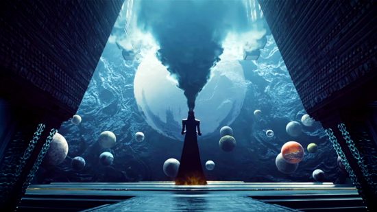 Destiny 2 - The Witness, a tall figure with smoke billowing from their heaed, looks out at a floating projection of planets and the Traveller