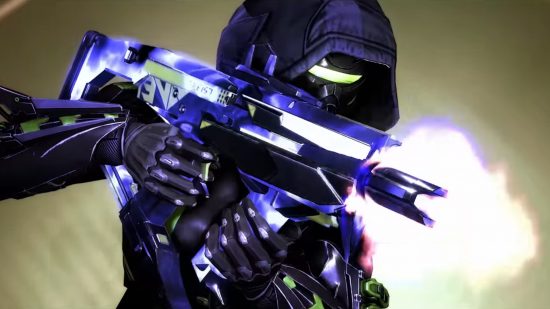 Destiny 2 update, hotfix 6.3.0.3: A Hunter guardian in purple fires a matching SMG, which roars with a bright muzzle flash