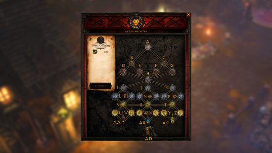 Diablo 3 season 28 - unlock menu for Seals and Legendary Potion Powers, labelled for clarity from A-Z