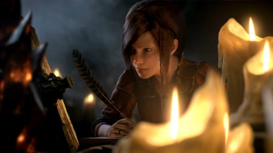Diablo 3 Season 28 PTR start date: Leah writes with a feather pen in an ancient tome by the light of several droopy candles