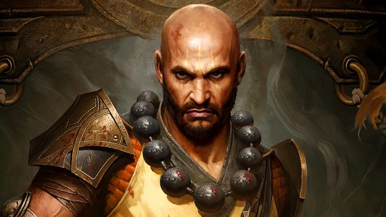 Diablo Immortal monk - a bald man with a goatee and prayer bead necklace