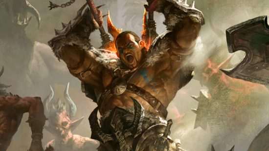 Diablo Immortal Q&A - a barbarian yelling as he pulls two blades from behind his back