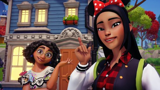 Disney Dreamlight Valley characters are chosen with one thing in mind: A black woman with long hair wearing Minnie Mouse ears stands with a small Latin American woman with curly hair wearing a traditional Latin white shirt in front of a blue house with a big brown door