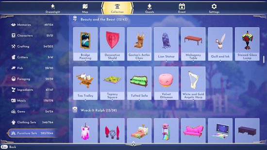 Disney Dreamlight Valley - Collection screen, showing most parts complete but only 346/764 costumes and 283/1044 furniture collected.