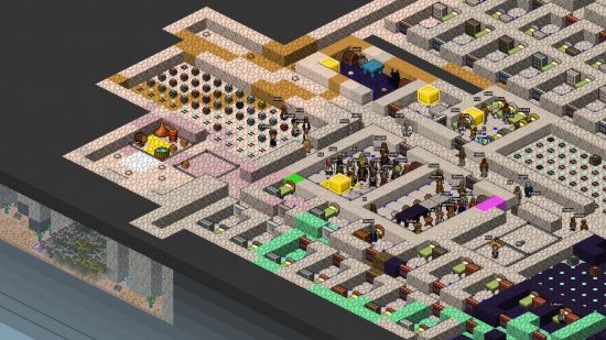 Dwarf Fortress mod 3D: An isometric view of a Dwarf Fortress living area, showing multiple layers and a cavern in the area below the main floor