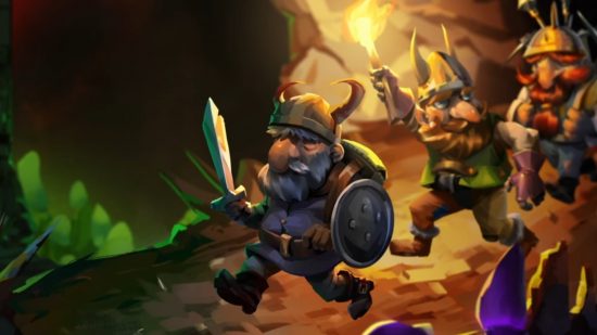 Dwarf Fortress sales numbers: A trio of cartoony dwarves ventures into a dark cave, one is armed with a sword, another with a torch, and the third wearing a nervous expression