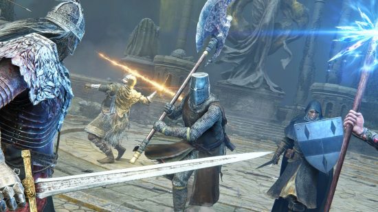 Elden Ring is statistically "better" than Witcher 3 and The Last of Us: a group in armour with different weapons and magic getting ready to fight