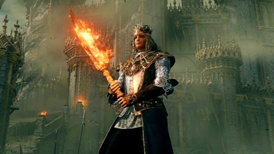 Elden Ring mod - Diablo style loot - a figure holding a flaming sword outside Stormwind Castle