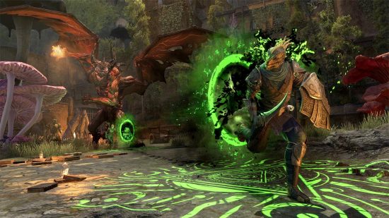 The Elder Scrolls Online Necrom Arcanist: A dragonborn Arcanist moves through runic portals