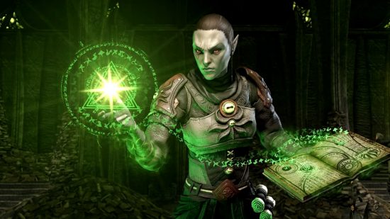 The Elder Scrolls Online Necrom: The Arcanist wields green, runic magic