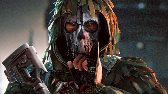Escape From Tarkov cheaters - Zryachiy, a cultist boss in a skull mask and ghillie suit, holds a finger up to his lips in a 'shh' motion