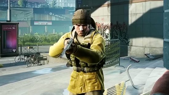 Escape from Tarkov - a man in yellow coat and beanie holding a rifle in an abandoned urban city centre