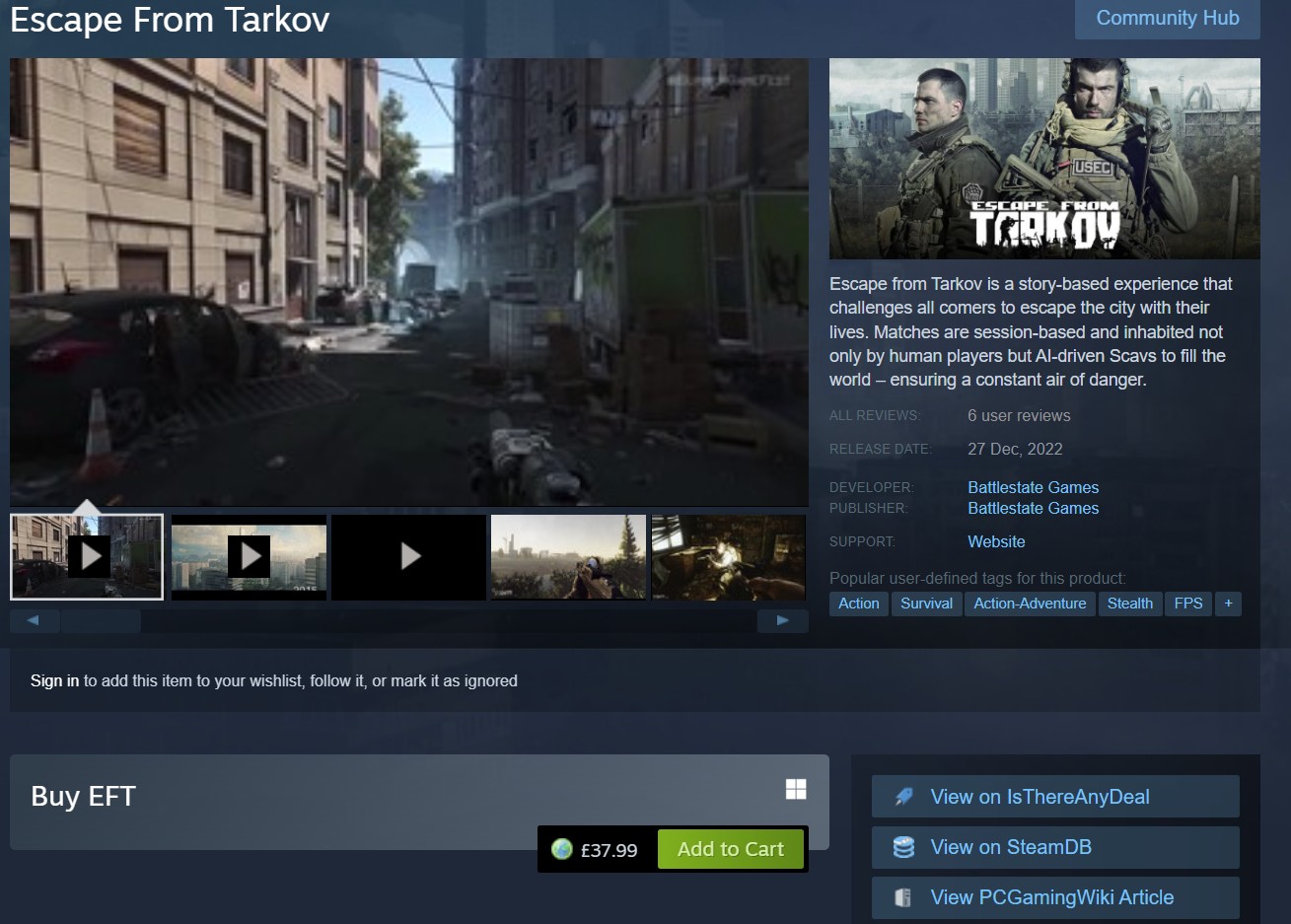 Koop Escape from Tarkov niet op Steam, het is nep.  Een nep Escape from Tarkov Steam-lijst
