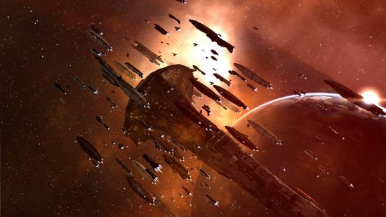 Eve Online expansions: A fleet of ships clusters like fish around a massive super-capital frigate in Eve Online, with an earthlike planet and sun in the background