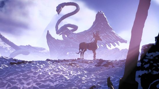 Ex Skyrim dev’s gorgeous open world to save you from screenshot deaths: a deer on a snowy hill with a giant stone snake in the background
