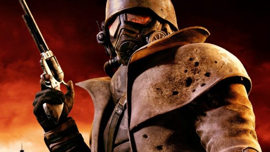 In a parallel universe, Obsidian made Walking Dead and Rick and Morty. An NCR ranger from Fallout New Vegas wearing red goggles and holding a revolver