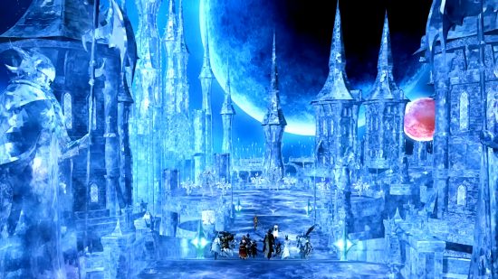 FFXIV 6.3パッチノート - 冒険者のパーティーが月明かりの夜の空の下で氷のような城を探索します