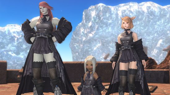 A tall woman with grey skin and pink hair stands with her hands on her hips next to a small woman with white hair tied back and a woman with pink hair and cat ears all wearing a lolita-style outfit against a blue background with an iceberg